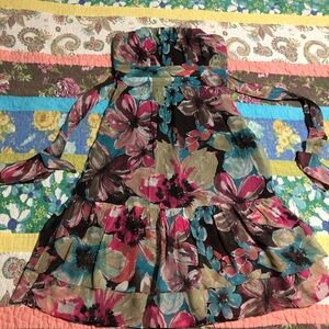The limited Multicoloured floral silk strapless dress with ruffles